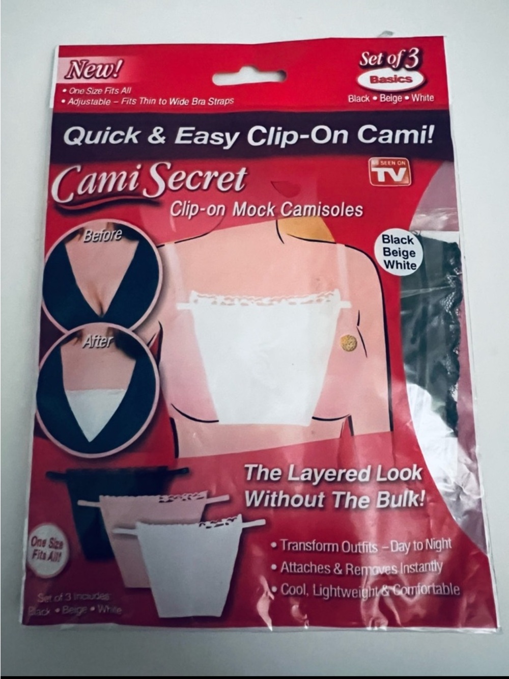 2 Packs Cami Secret Clip-On Camisole Set of 6 Black Beige White One Size NIB
